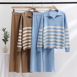 European station slimming and commuting style striped lapel casual knitted color blocked wide leg pants two-piece set