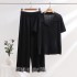 2024 Cross border Leisure Home Set Women's Age Reducing Wide Leg Pants Loose Knitted Short Sleeve Tassel Knitted Two Piece Set Women