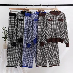 European Station 2023 Early Autumn New Checkered Set Small Fragrant Style Thousand Bird Grid Knitted Top Wide Leg Pants Two Piece Set