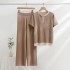 2023 Spring/Summer New Color blocked Half open Round Neck Top, High Waist Wide Leg Pants, Two Piece Fashion Knitted Set