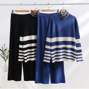 European and American commuting striped high neck two-piece set, autumn and winter loose foreign trade temperament knitted set, sweater, wide leg pants