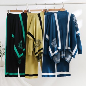 Cross border leisure suit women's autumn and winter new style temperament lazy style knitted sweater shawl cape wide leg pants three piece set