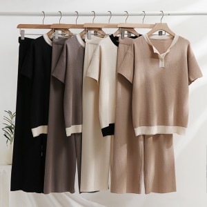 2023 Spring/Summer New Color blocked Half open Round Neck Top, High Waist Wide Leg Pants, Two Piece Fashion Knitted Set