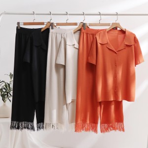 2024 Cross border Leisure Home Set Women's Age Reducing Wide Leg Pants Loose Knitted Short Sleeve Tassel Knitted Two Piece Set Women