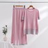 New fashion suit temperament striped slit short sleeved knitted sweater+high waist slimming wide leg pants long pants two-piece set