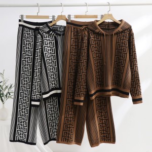 Xiaoxiangfeng casual outfit set for women, European and American fashion jacquard knitted top+wide leg pants, women's fashionable two-piece set