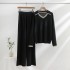 Fashion suit women's casual contrasting color V-neck loose knit sweater top two-piece set high waist slit straight leg wide leg pants