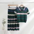 Summer retro temperament POLO collar striped knitted vest+high waisted pleated skirt long skirt two-piece set for women