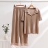 2024 Cross border Leisure Home Set Women's Age Reducing Wide Leg Pants Loose Knitted Short Sleeve Tassel Knitted Two Piece Set Women