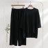 Spring Knitted Two Piece Women's Front Short Rear Long Split Korean Edition Hoodie with Mid Sleeve Top+Slimming Loose Wide Leg Pants