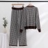 European Station 2023 Early Autumn New Checkered Set Small Fragrant Style Thousand Bird Grid Knitted Top Wide Leg Pants Two Piece Set