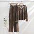 Fashion suit women's casual contrasting color V-neck loose knit sweater top two-piece set high waist slit straight leg wide leg pants