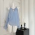 Yang Xiaojuan French style gold style hanging neck off shoulder top, feminine temperament, high-end feeling, lantern sleeves, long sleeves, blue shirt, summer