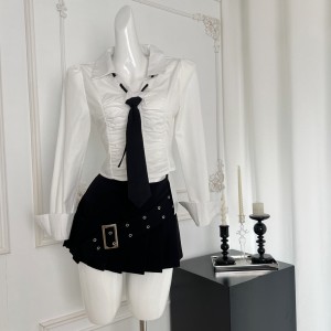 Suuuicee rumored girl white college style short cut shirt with tie for women slim fit pleated long sleeved shirt