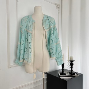 Mint Blue Green Sunflower Embroidery Heavy Industry Lace Lantern Sleeve Sunscreen Shirt Women's Summer New Style