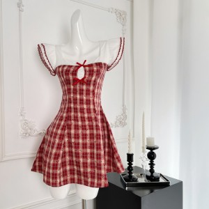 Yue Han Little Fish Red Grid Story Show Thin Temperament Princess Dress