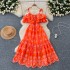 French style design, off shoulder suspender, ruffle edge, waist cinching, slimming effect, heavy industry hollowed out embroidery, A-line vacation style dress