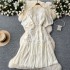 French elegant dress for female heavy worker with diamond studded stand up collar, flower V-neck, lantern sleeves, waist cinched, ruffle edge, large swing long skirt