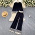 Fashionable and versatile women's slimming round neck long sleeved jacquard knitted top+high waisted wide leg pants