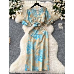 Vintage China-Chic Style Bubble Sleeve Print Dress for Women in Summer Twist Waist Slim Design Medium length Dress