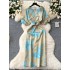 Vintage China-Chic Style Bubble Sleeve Print Dress for Women in Summer Twist Waist Slim Design Medium length Dress