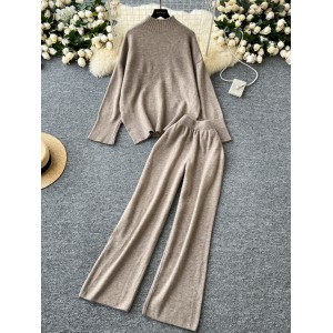 Lazy style slimming slit high neck sweater women's autumn and winter two-piece set versatile age reducing high waisted knitted casual wide leg pants