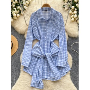 Korean casual shirt and skirt, 2024 autumn collection, new design sense, cross tie waist collection, stylish checkered dress