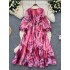 French high-end heavy embroidery bead sequins V-neck lantern sleeves high waist slimming temperament medium long printed dress