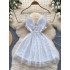 Sweet V-neck camisole puffy dress with French temperament for women, lace patchwork mesh embroidery V-neck backless fairy dress