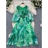 French high-end heavy embroidery bead sequins V-neck lantern sleeves high waist slimming temperament medium long printed dress