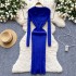 Autumn new style French retro polo collar long sleeved waist cinching slimming temperament knitted dress women's tight fitting hip hugging skirt