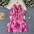 French high-end heavy embroidery bead sequins V-neck lantern sleeves high waist slimming temperament medium long printed dress