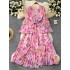 French retro V-neck trumpet long sleeved printed chiffon dress for women in autumn, with a slimming waist and a knee length skirt that exudes a slimming temperament