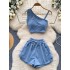 Sweet and spicy girl set, women's summer casual sports two-piece set, heart mechanism, slanted collar, off shoulder camisole vest, high waist wide leg pants