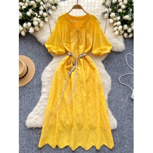 Retro Bohemian style bubble sleeve dress for women, with hollowed out straps and waist cinching design, unique and elegant long skirt