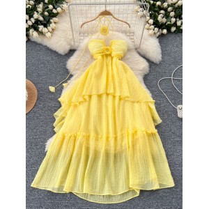 Seaside vacation dress with female atmosphere, hollowed out chest display, neck hanging, suspender, three-dimensional flower irregular fairy long dress