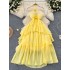 Seaside vacation dress with female atmosphere, hollowed out chest display, neck hanging, suspender, three-dimensional flower irregular fairy long dress