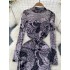 European and American foreign trade women's sexy thin style high neck long sleeved slim fit and slimming mesh printed long style over the knee spicy girl dress