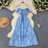 Sweet and gentle wind heart machine, shoulder strap, ruffle edge, waist cinching, slimming effect, hollow out embroidery, vacation style fairy dress