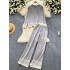 Fashionable and versatile women's slimming round neck long sleeved jacquard knitted top+high waisted wide leg pants