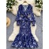 Early autumn new feminine style V-neck lantern sleeves cinched waist for slimming and slimming, wrapped buttocks printed ruffle edge dress