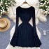 French style light luxury high-end solid color knitted dress for women in autumn and winter, V-neck waist design, niche temperament long skirt