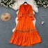 Autumn clothing niche retro heavy industry embroidery lace splicing horn long sleeved drawstring waist slimming ruffle edge dress