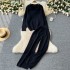 Sweater women's versatile autumn and winter lazy style lapel long sleeved loose knit top high waist wide leg long pants two-piece set