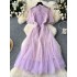 French retro palace style dress for women, embroidered and hollowed out lace round neck, cinched waist, slimming effect, mesh puffy skirt