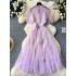 French retro palace style dress for women, embroidered and hollowed out lace round neck, cinched waist, slimming effect, mesh puffy skirt