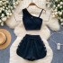 Sweet and spicy girl set, women's summer casual sports two-piece set, heart mechanism, slanted collar, off shoulder camisole vest, high waist wide leg pants