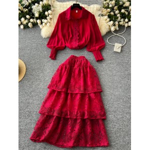 Two piece set of high-end women's European and American style lantern sleeves, single breasted shirt, high waisted multi-layer lace cake skirt