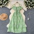 Sweet and gentle wind heart machine, shoulder strap, ruffle edge, waist cinching, slimming effect, hollow out embroidery, vacation style fairy dress