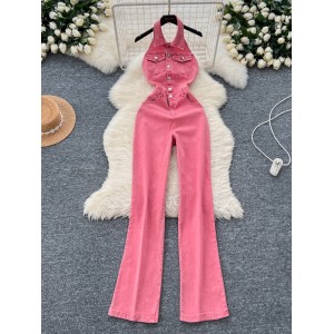 Summer new niche retro Korean version lapel hanging neck single breasted high waist slimming slim fit backless denim jumpsuit